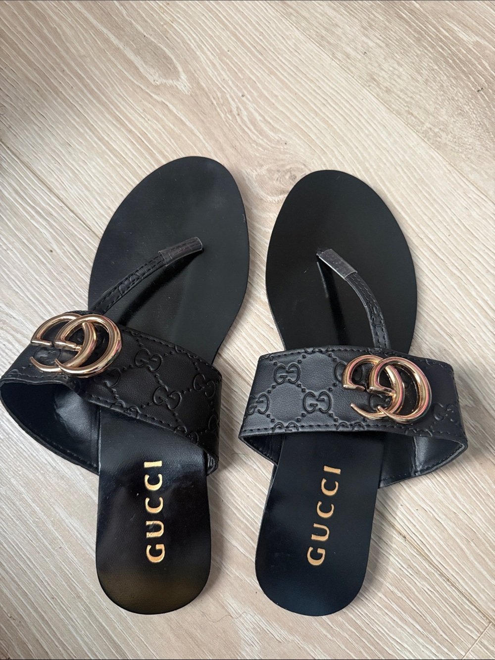Gucci Black Leather Slide Sandals with Gold Double G